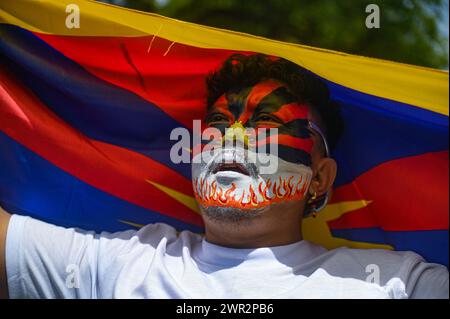 New Delhi, India. 10th Mar, 2024. A Tibetan exile can be seen with his face painted during a protest to mark the anniversary of the 65th Tibetan National Uprising Day. (Credit Image: © Kabir Jhangiani/ZUMA Press Wire) EDITORIAL USAGE ONLY! Not for Commercial USAGE! Stock Photo