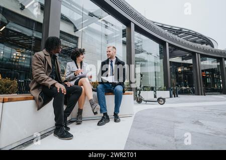 A multiethnic group of business people stands outside a modern building, engaged in a discussion and writing notes in notebook. Stock Photo
