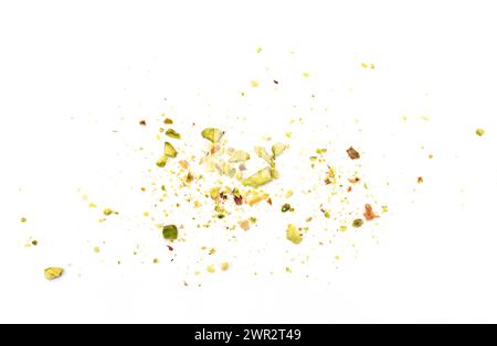 Ground, milled, crushed or granulated pistachio pile isolated on white background Stock Photo