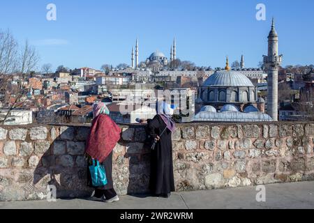 March 10, 2024: Istanbul, Turkey, March 10, 2024: Muslim women looking at the view of Sulaymaniyah on Sunday holiday on the eve of Ramadan in Fatih district of Istanbul. The month of Ramadan, the final month among the sacred three, often referred to as the Sultan of the Eleven Months, will commence on Monday, March 11, 2024. During this period, millions of Muslims will observe fasting and diligently fulfill their religious duties. (Credit Image: © Tolga Ildun/ZUMA Press Wire) EDITORIAL USAGE ONLY! Not for Commercial USAGE! Credit: ZUMA Press, Inc./Alamy Live News Stock Photo