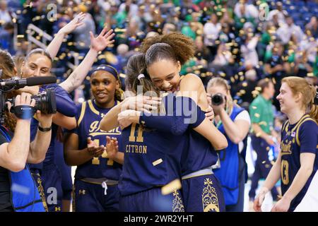 Greensboro, North Carolina, USA. 10th Mar, 2024. Notre Dame's SONIA CITRON (11) and NATALIJA MARSHALL hug after winning the 2024 ACC Women's Basketball Championship. (Credit Image: © Josh Brown/ZUMA Press Wire) EDITORIAL USAGE ONLY! Not for Commercial USAGE! Stock Photo