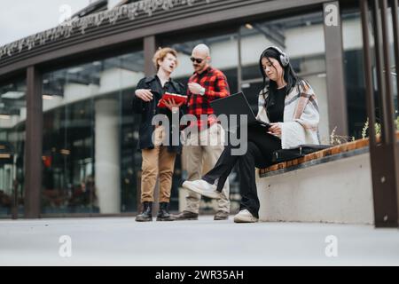 Business colleagues having an informal meeting outdoors with one person working on a laptop Stock Photo