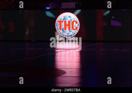 Logo of the Thuringer HC on LED boards in front of the Haushahn Final4 game for third place between VfL Oldenburg and Thuringer HC, Porsche Arena, Stuttgart. (Sven Beyrich/SPP) Credit: SPP Sport Press Photo. /Alamy Live News Stock Photo