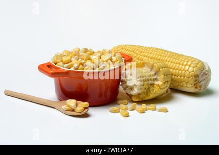 Fresh maize kernels in pots and cobs, corn (Zea mays) Stock Photo