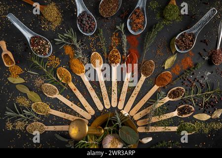 Various spices and herbs on spoons around a mortar on a dark background Stock Photo