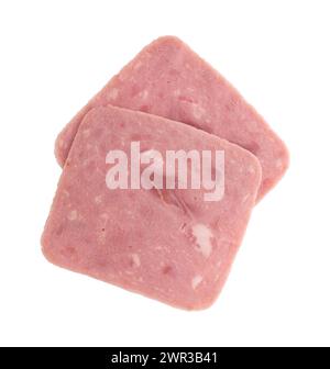 sliced boiled ham sausage isolated on white background with clipping path, top view Stock Photo