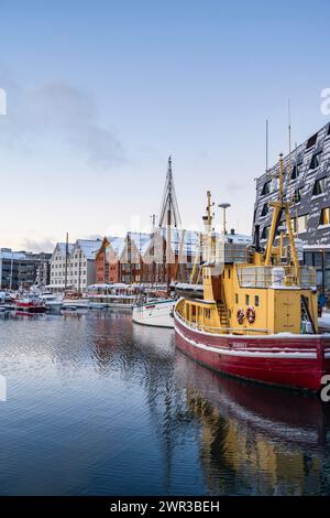 Tromso harbour with ships and buildings, Tromso, Norway Stock Photo