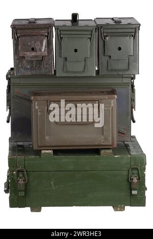 Stack of US army ammo cans and army green crate isolated on white background Stock Photo