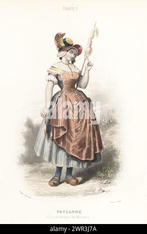 Peasant woman of the region of Nevers (Nievre department), central France. In straw bonnet over lace coiffe, striped apron and skirts, clogs, spinning yarn with spindle and distaff. Paysanne des environs de Nevers. Handcoloured steel engraving by Preval after an illustration by François-Claudius Compte-Calix from Musée Cosmopolite, Musée de Costumes, Cosmopolitan Museum, published by ancienne maison Aubert, Paris, c.1850. Stock Photo