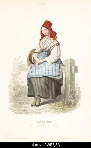 Peasant woman of the region of Paris, 19th century. In check  bonnet, check fichu, full skirts, with basket sitting on a fence. Paysanne des environs de Paris. Handcoloured steel engraving by Preval after an illustration by Marie-Alexandre Alophe from Musée Cosmopolite, Musée de Costumes, Cosmopolitan Museum, published by ancienne maison Aubert, Paris, c.1850. Stock Photo