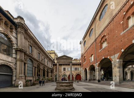 Milan, Italy - February 24, 2024: The scenic Piazza Mercanti (Merchants' Square) in Milan, Italy Stock Photo