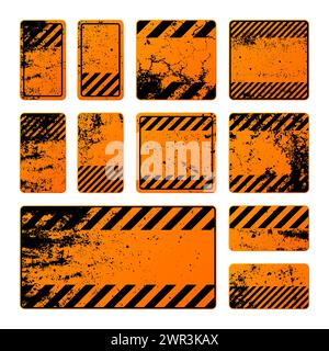 Orange grunge warning signs with diagonal lines. Old attention, danger or caution sign, construction site signage. Realistic notice signboard, warning Stock Vector