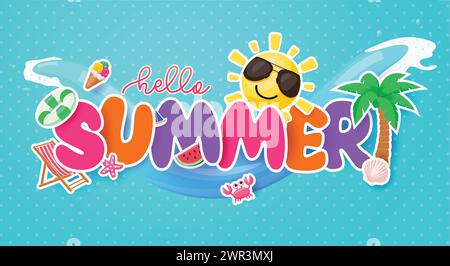 Summer hello text greeting vector design. Hello summer typography with sun and pam tree paper cut elements in blue dot pattern background. Vector Stock Vector