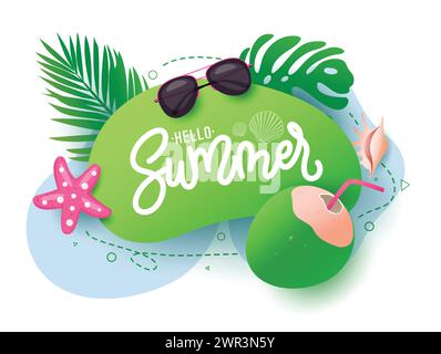Hello summer text vector template. Summer hello greeting text with coconut drink, starfish, sunglasses and palm leaves decoration elements. Vector Stock Vector