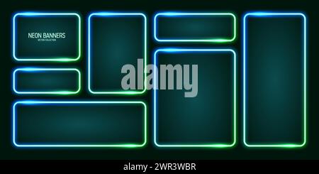 Glowing neon banners, illuminated colorful square frames. Shiny vibrant border, glow effect. Azure vintage retro lights, night illumination. Modern Stock Vector