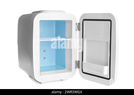 Open mini refrigerator for cosmetics isolated on white Stock Photo
