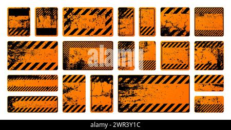 Orange grunge warning signs with diagonal lines. Old attention, danger or caution sign, construction site signage. Realistic notice signboard, warning Stock Vector