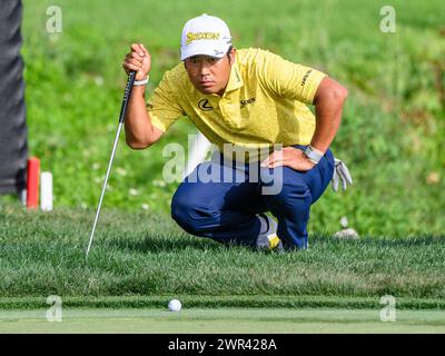 Orlando, FL, USA. 10th Mar, 2024. Hideki Matsuyama of Japan lines up his putt on the 18th green during final round of the Arnold Palmer Invitational presented by Mastercard held at Arnold Palmer's Bay Hill Club & Lodge in Orlando, FL. Romeo T Guzman/CSM/Alamy Live News Stock Photo