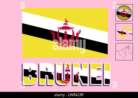 Brunei flag and map in vector illustration Stock Vector