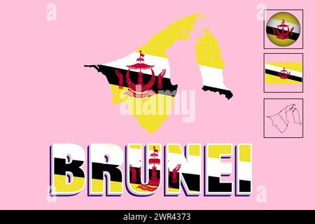 Brunei flag and map in vector illustration Stock Vector