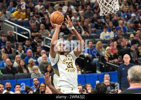 Orlando, Florida, USA, March 10, 2024, Indiana Pacers center Myles Turner #33 takes a shot in the second half at the Kia Center. (Photo Credit: Marty Jean-Louis/Alamy Live News Stock Photo