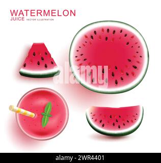 Summer watermelon drink vector set. Watermelon juice drink in glass cocktail beverage for tropical season fresh berry sweet refreshment elements. Stock Vector