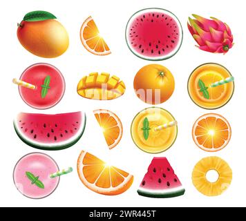 Summer fruits vector set design. Summer tropical fruit watermelon ...