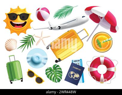 Summer travel beach elements vector set. Summer travel and vacation elements like airplane, bag luggage, hat, passport and ticket in 3d realistic Stock Vector