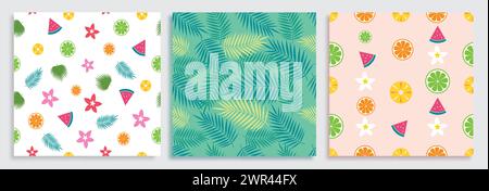 Summer seamless pattern vector set design. Summer tropical fruits like watermelon, kiwi, orange, lemon and leaf elements for wallpaper background Stock Vector