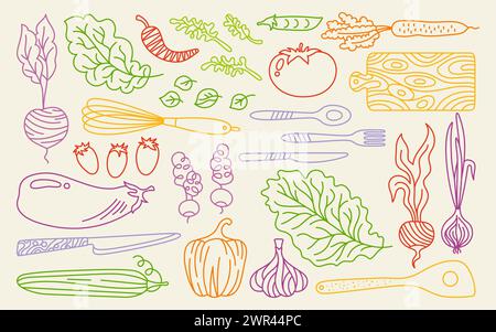 Vegetables and kitchen utensils cartoon doodle set. Vegetable carrot, cucumber, lettuce, pepper or onion garlic etc. Hand drawn healthy farm product. Doodle colorful fresh vegetarian menu line vector Stock Vector