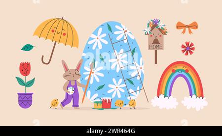 Cute rabbit decorate Easter egg with chicks. Spring set of cute objects. Vector illustration for Easter day. For greeting cards, posters, banners and Stock Vector