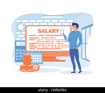 Male worker looking at his salary on mobile phone while standing with computer, calendar and stack of coins. for Web Landing Pages. flat vector modern Stock Vector