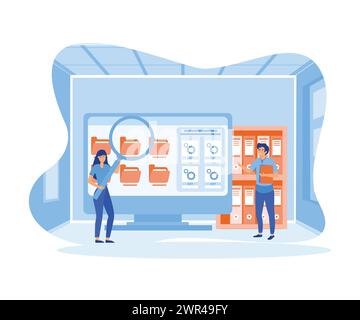 Employees searching and indexing file documents. File manager and data storage flat vector modern illustration Stock Vector