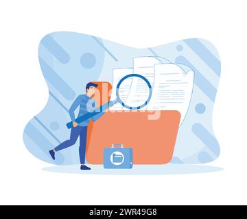 Male worker adding files to a large folder. Information storage and indexing. Businessman holding magnifying glass. flat vector modern illustration Stock Vector