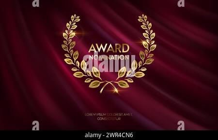 Laurel winner wreath with place for text realistic vector illustration. Appreciation of best participant 3d model on red cloth background Stock Vector