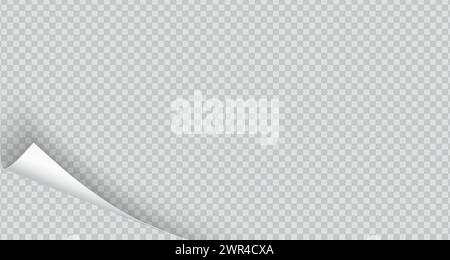 Curled corner of paper with shadow realistic vector illustration. Office essentials. Turning notebook page 3d model on transparent background Stock Vector