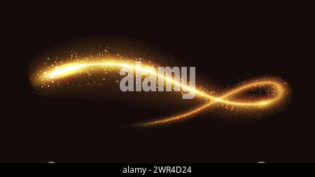 Mystic golden glitter trace realistic vector illustration. Brilliant magic wand trail. Glowing fairy dust 3d element on black background Stock Vector