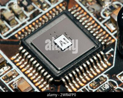 Artificial intelligence AI and machine learning concept. Computer processor unit with microchip on electronic circuit board, AI Artificial Intelligenc Stock Photo