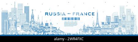 Outline Russia and France skyline with blue buildings. Famous landmarks. Vector illustration. France and Russia concept. Stock Vector