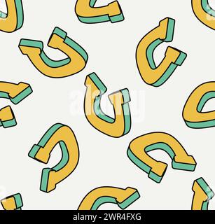 Seamless pattern with yellow horseshoes. Isometric icon. Symbol of Saint Patrick day. Vector illustration. Modern style. Stock Vector