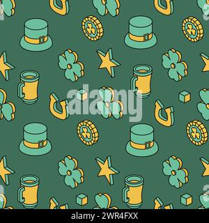 Festive colorful background for St Patrick's Day. Isometric seamless pattern. Vector illustration. Symbols and icons of St Patrick's Day. Stock Vector