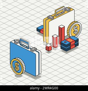 Business briefcase with columns, dollar coin and stack of dollars. Isometric outline concept. Vector illustration. 3d objects. Modern brutalism style. Stock Vector