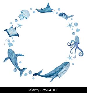 Watercolor hand-drawn blue monochromatic round frame isolated on white. Whales, manta rays, jellyfish, octopus, starfish. Stock Photo