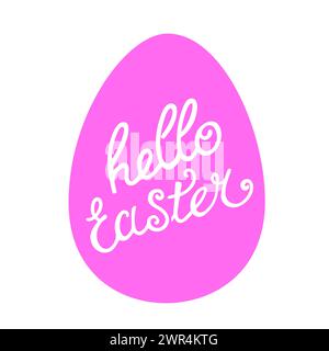 Vector pink egg with text Hello Easter on white background. Illustration in flat style. Vector clipart for design of card, banner, flyer, sale, poster Stock Vector