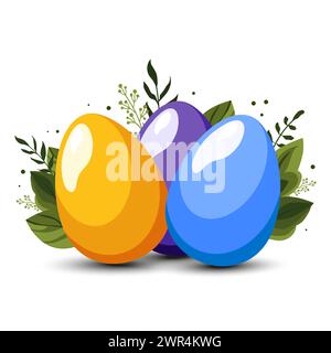 Yellow blue Easter eggs with green leaves and branches on background. Illustration in flat style. Vector clipart for design of greeting card, holiday Stock Vector