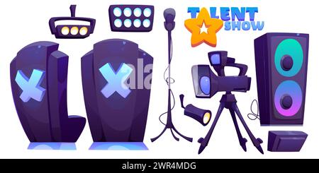 Talent show stage equipment set isolated on white background. Vector cartoon illustration of jury armchairs, microphone, video camera, loudspeakers, floodlight lamps for song or dance contest studio Stock Vector