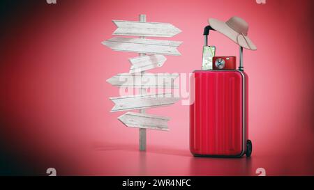 Travel suitcase, hat, smartphone and camera standing next to blank direction signs. Stock Photo