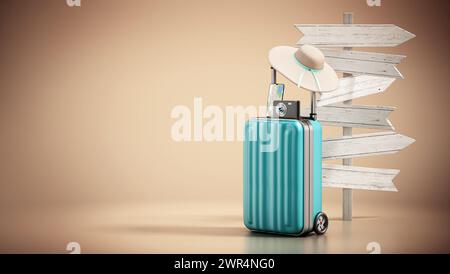 Travel suitcase, hat, smartphone and camera standing next to blank direction signs. Stock Photo