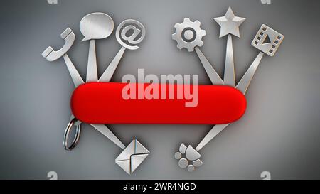 Technology icons connected to Swiss knife. 3D illustration. Stock Photo