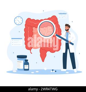 Proctologist concept. Male doctor with magnifier examine intestine. Man in lab coat analysis perianal area. Medical check up. Vector illustration in Stock Vector